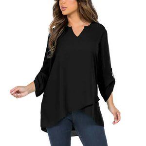 NWT Fever Women V Neck Hi-Lo Long Sleeve Lightweight Blouse Black Sz M $60 Z955